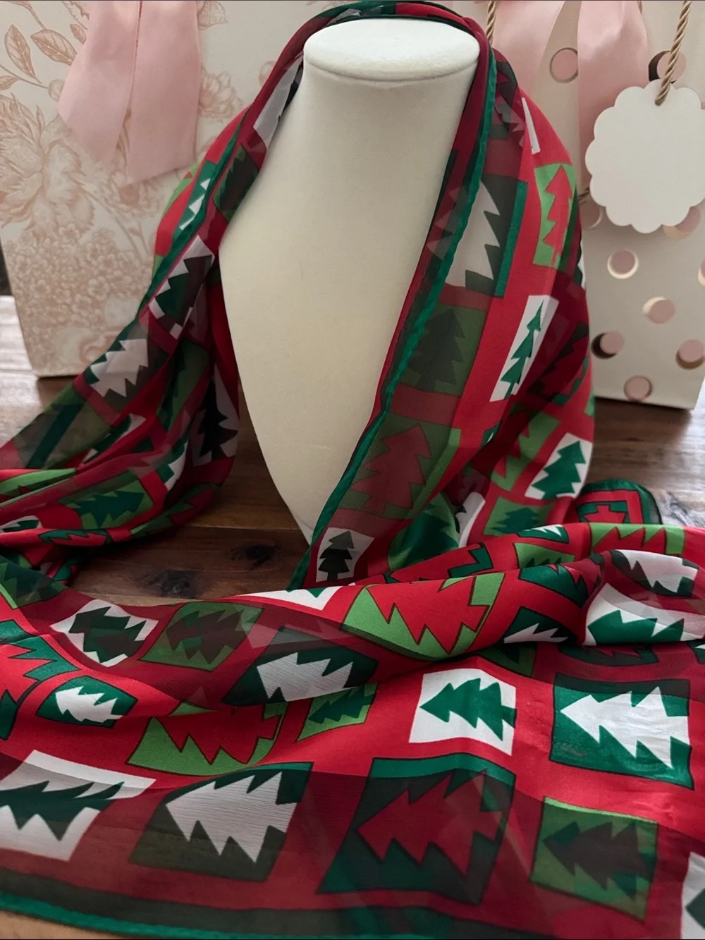 Festive Silk Red and Green Holiday Tree Scarf